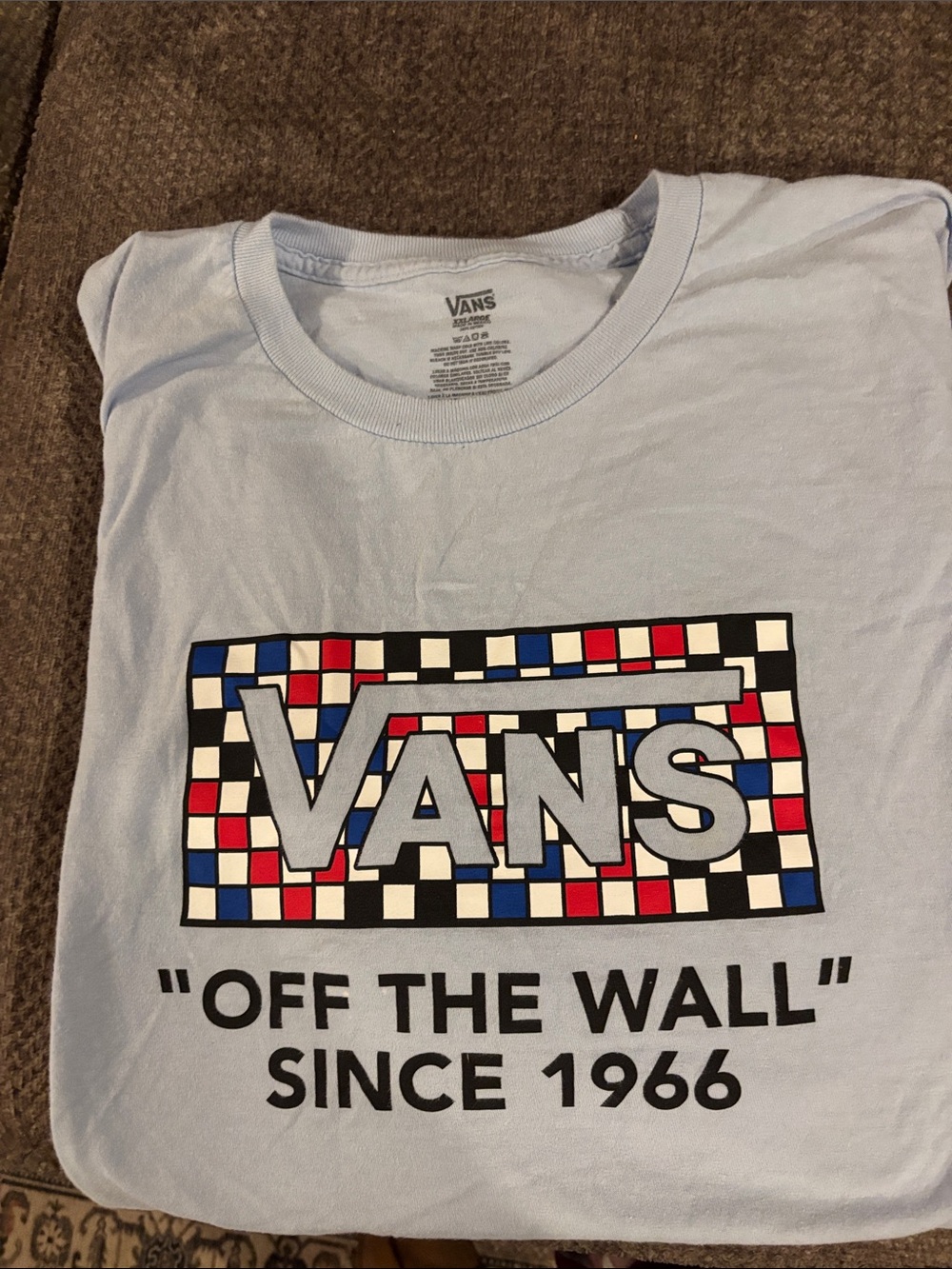 Vans Light Blue Tee with Red, Navy & White Checker Logo